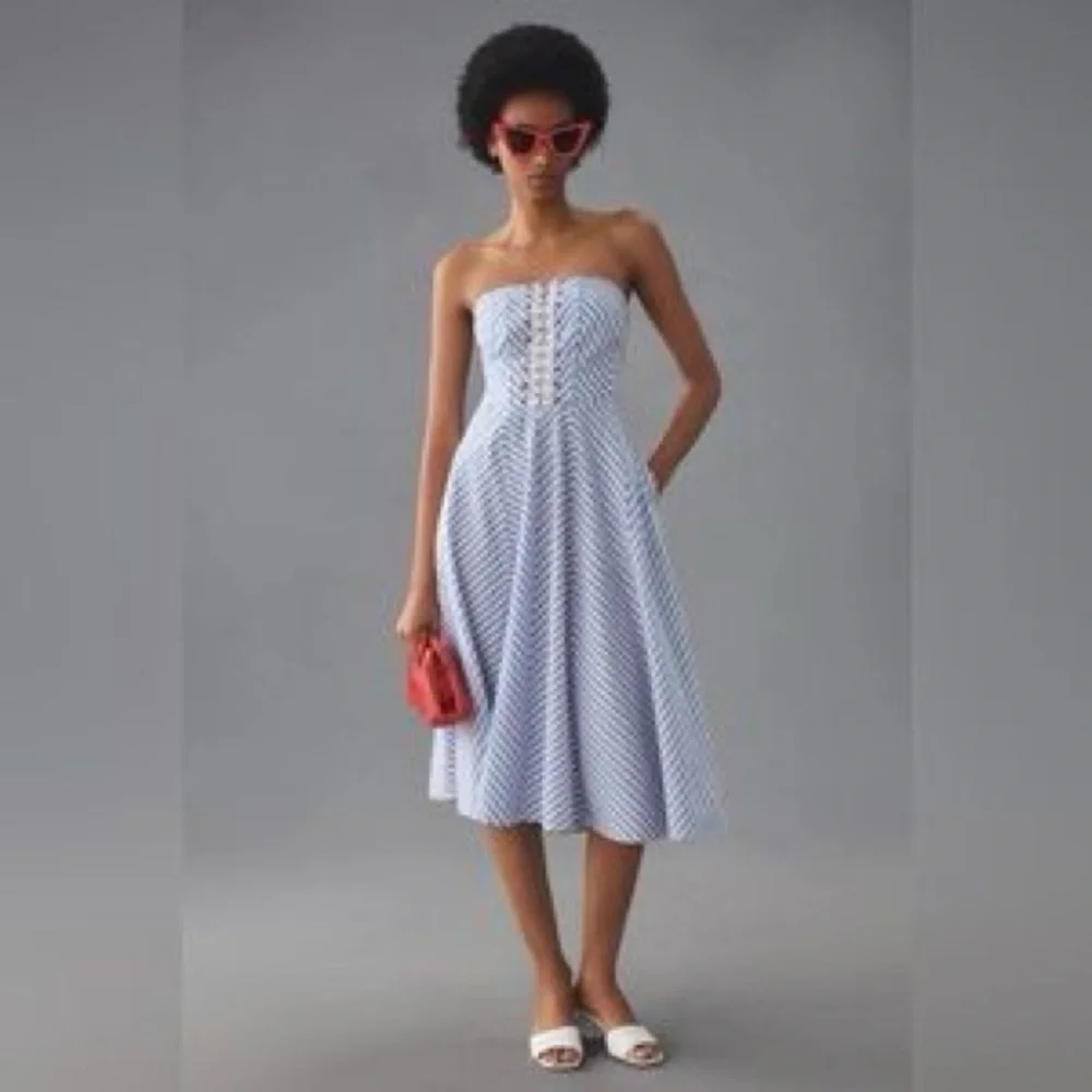 Anthropologie Maeve Strapless Midi Dress Blue White Stripes NEW - Picture 1 of 7